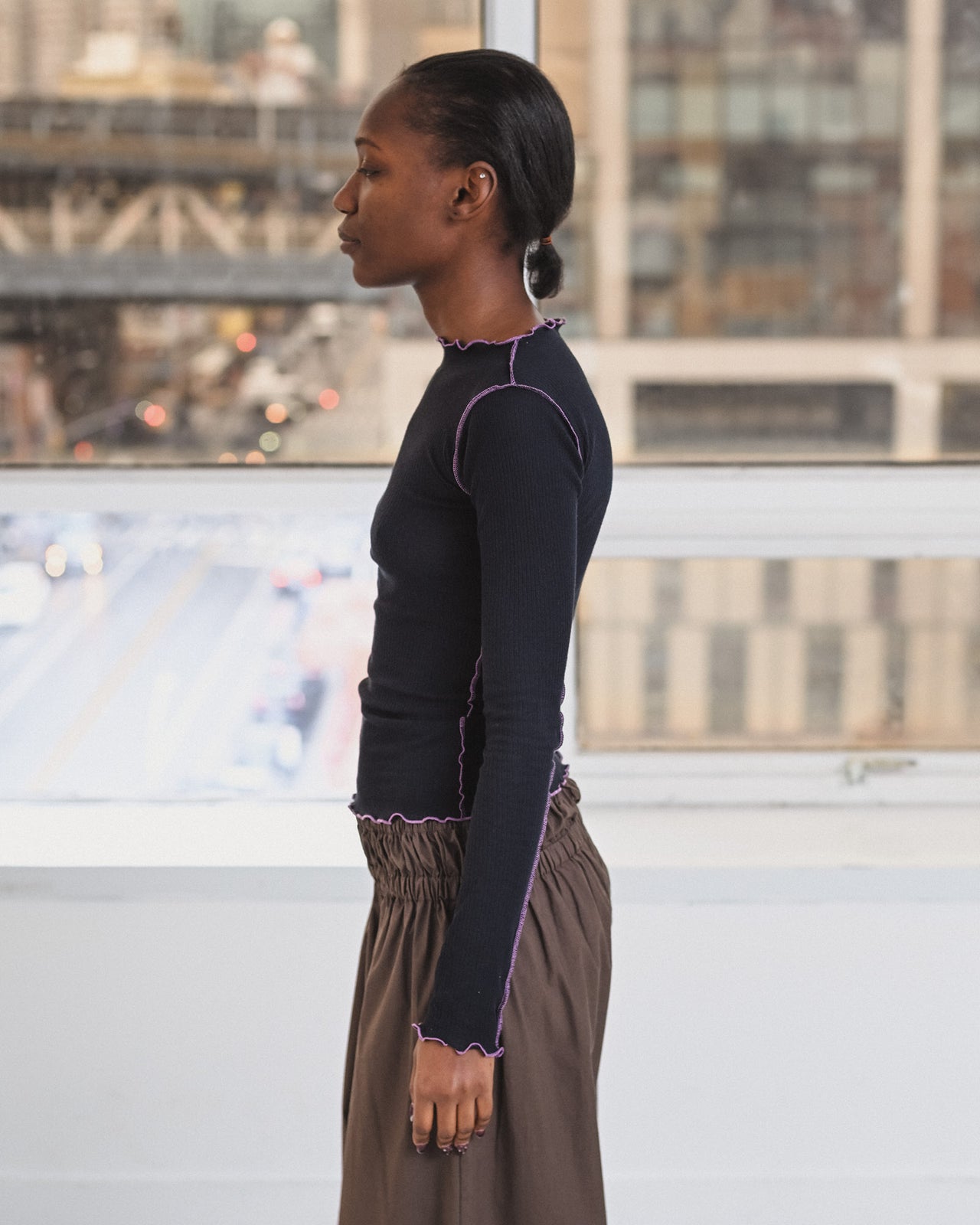 Vein Long Sleeve Tee - Fine Organic Cotton Rib - Murano Navy / Purple