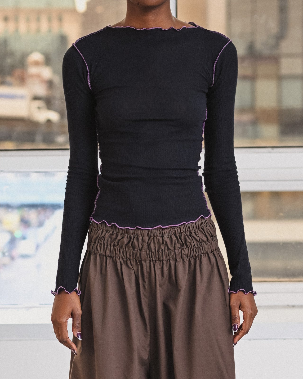 Vein Long Sleeve Tee - Fine Organic Cotton Rib - Murano Navy / Purple