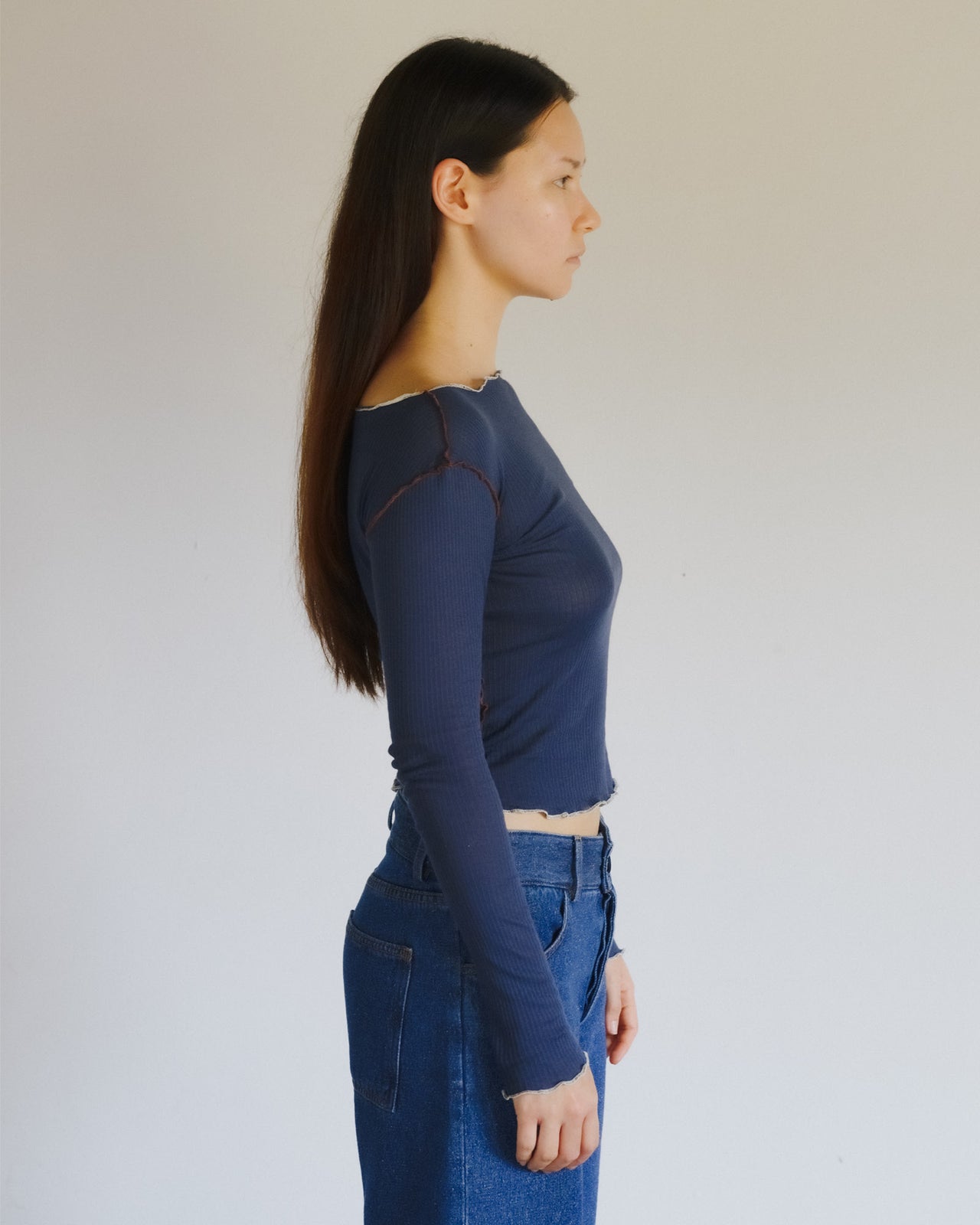 Vein Long Sleeve Tee - Fine Organic Cotton Rib - Preston Blue