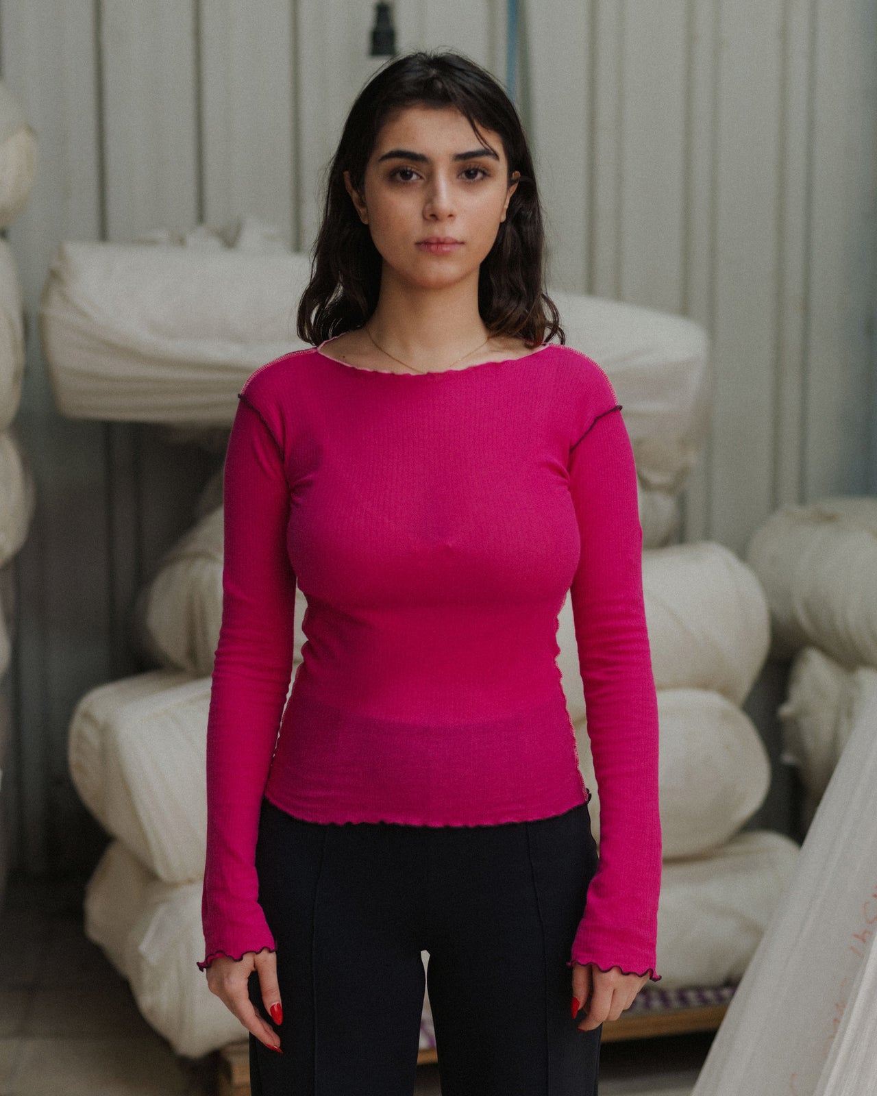Vein Long Sleeve Tee - Fine Organic Cotton Rib - York Pink / Pink