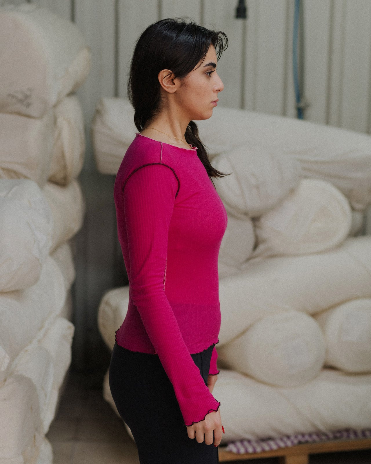 Vein Long Sleeve Tee - Fine Organic Cotton Rib - York Pink / Pink