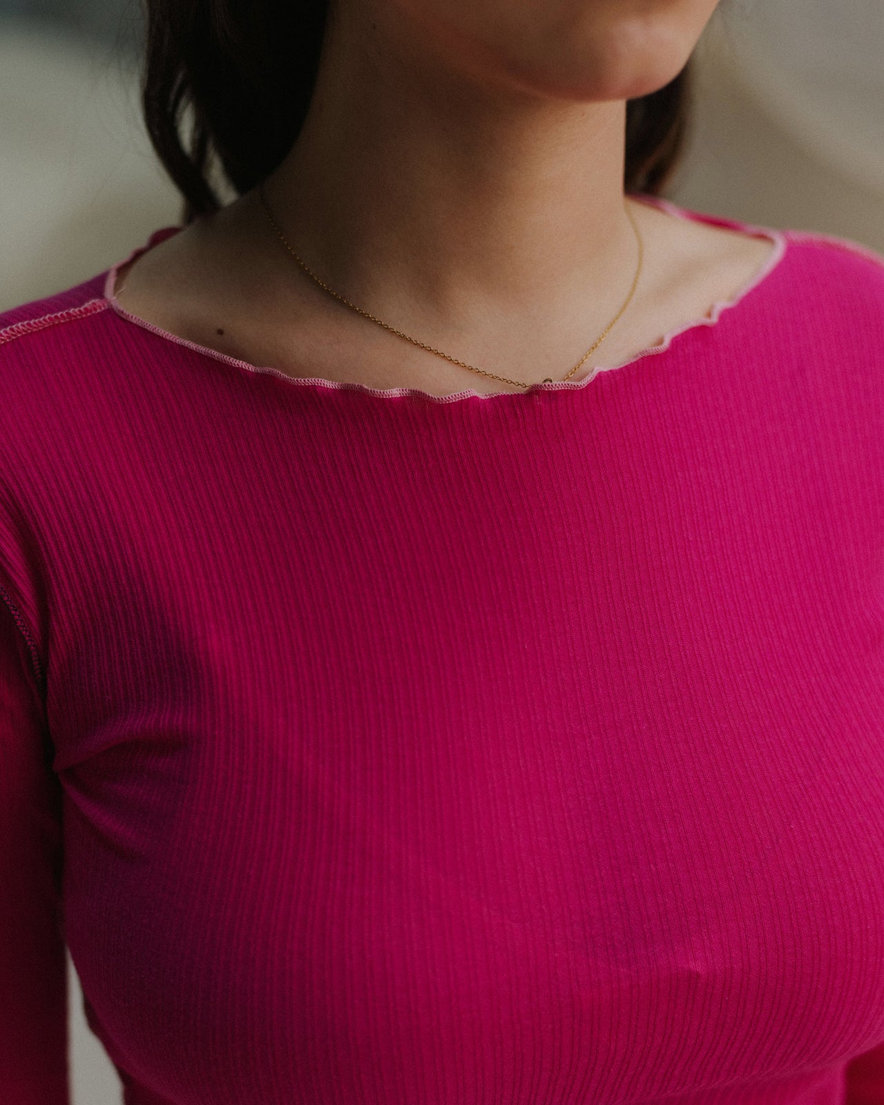 Vein Long Sleeve Tee - Fine Organic Cotton Rib - York Pink / Pink