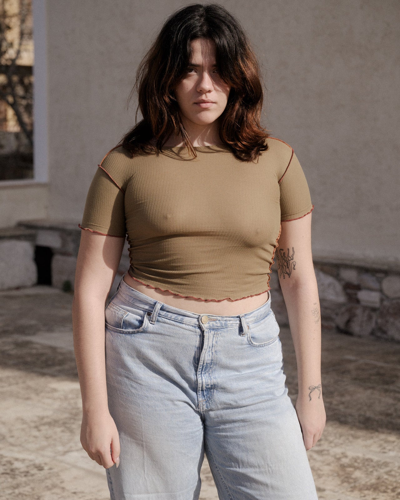 Vein Tee Shirt - Fine Organic Cotton - Jade Brown / Orange