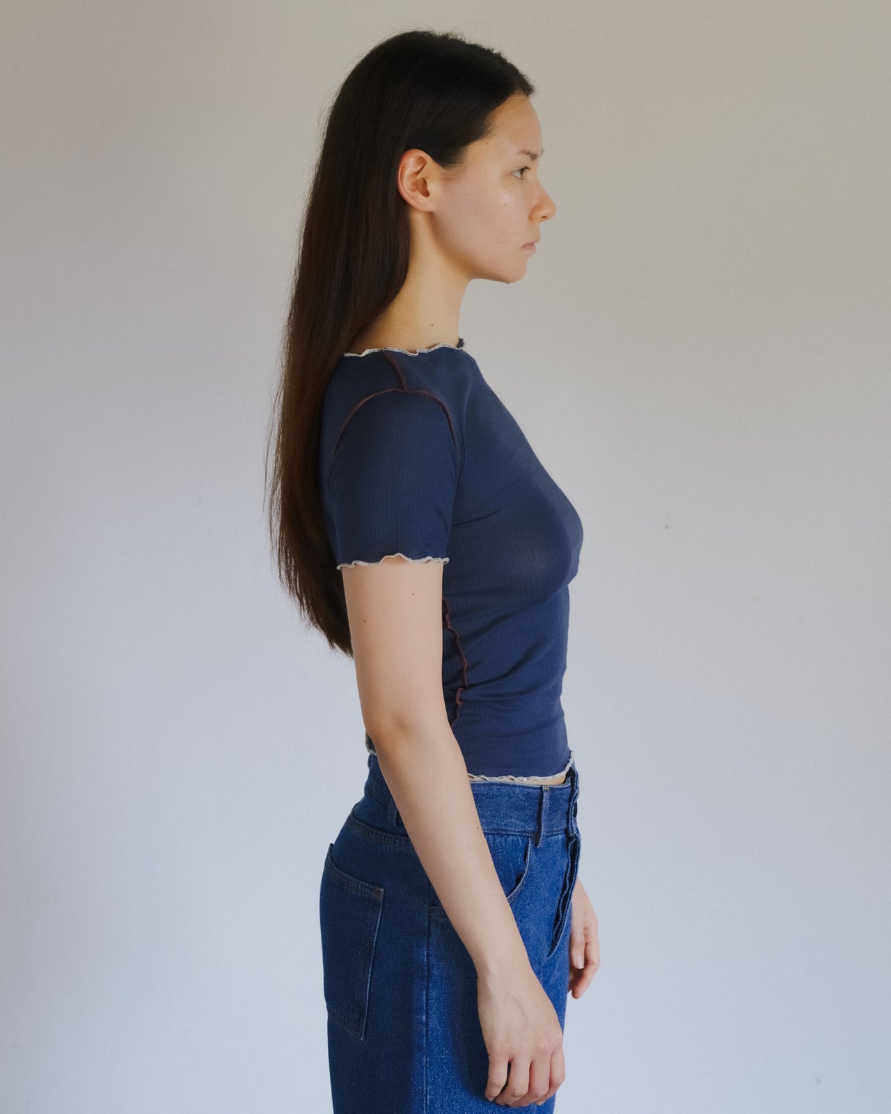 Vein Tee Shirt - Fine Organic Cotton Rib - Preston Blue
