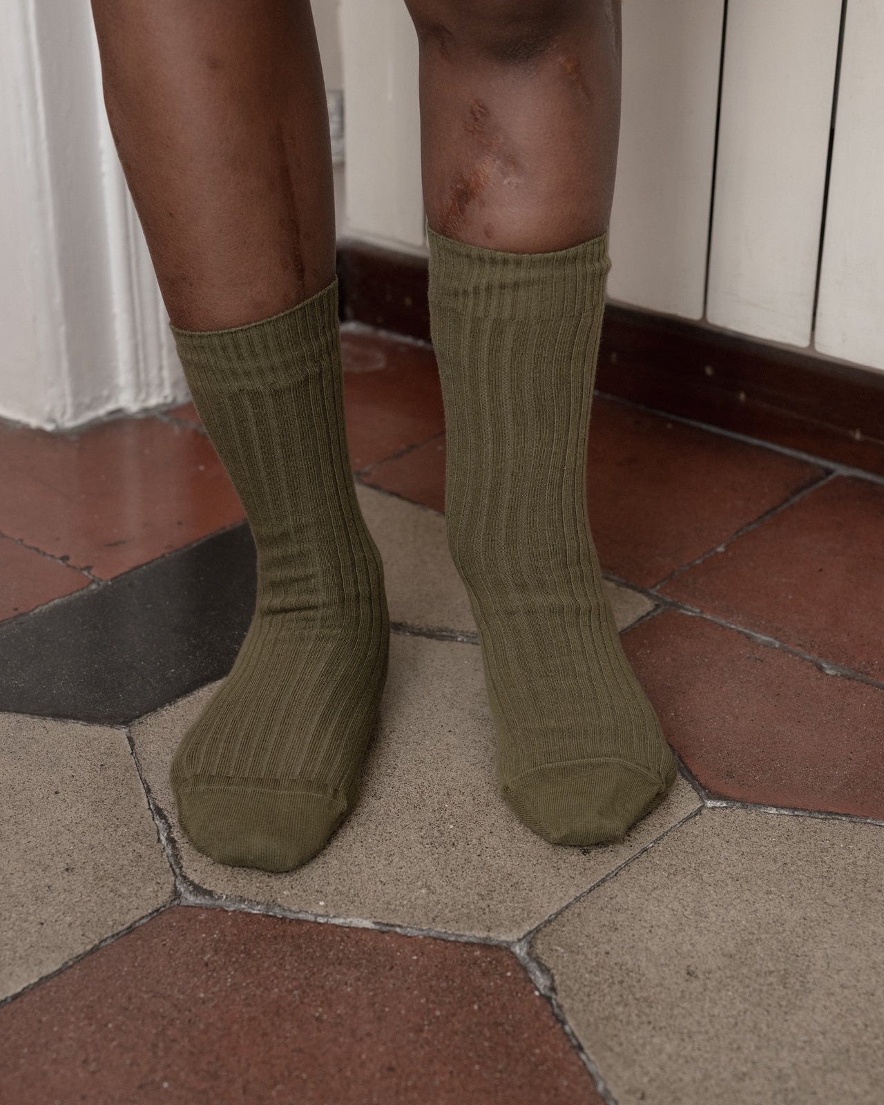 Rib Overankle Socks - Cotton - Rena Olive - WT23